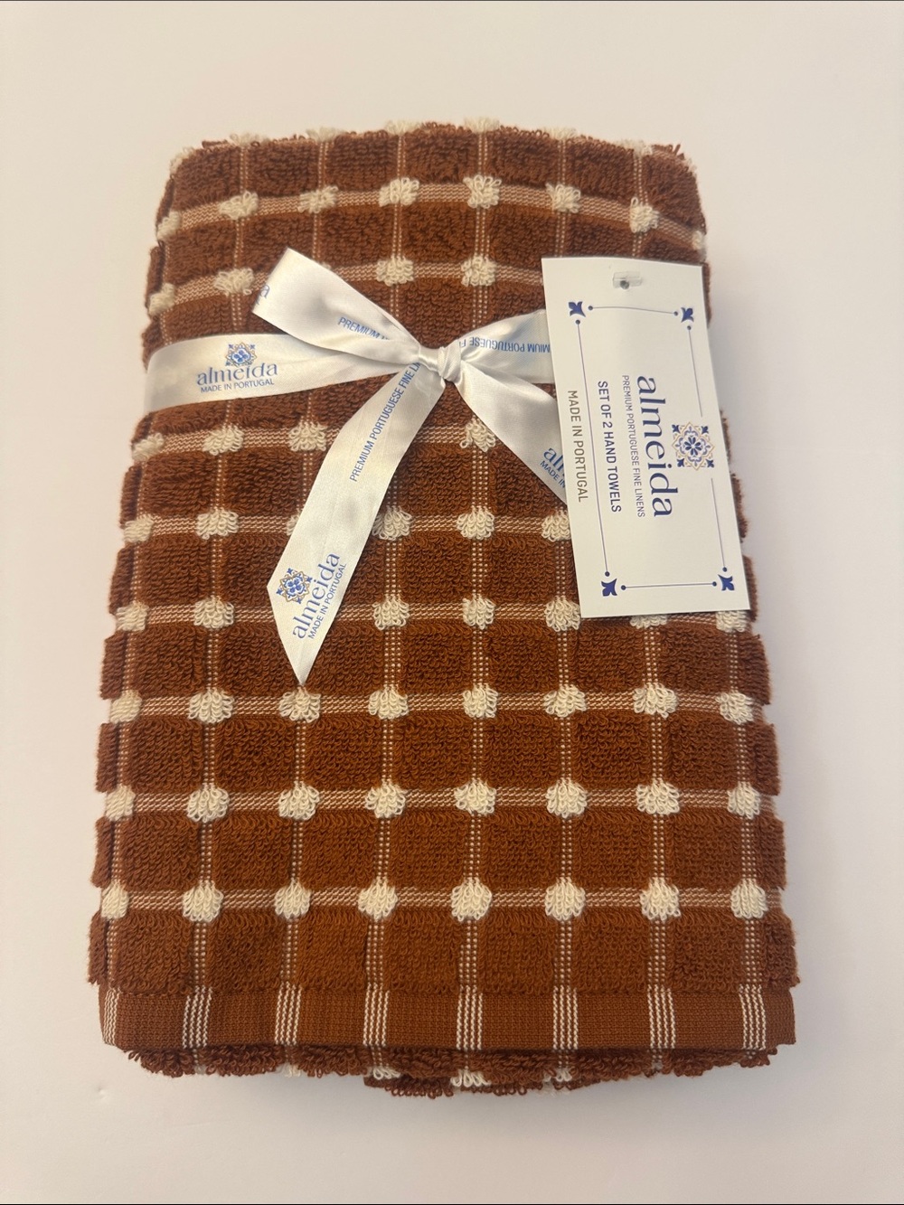6pc ALMEIDA Premium Portuguese Fine Linens Bath Towel Set - Grid -Rust/Cream - Picture 5 of 12